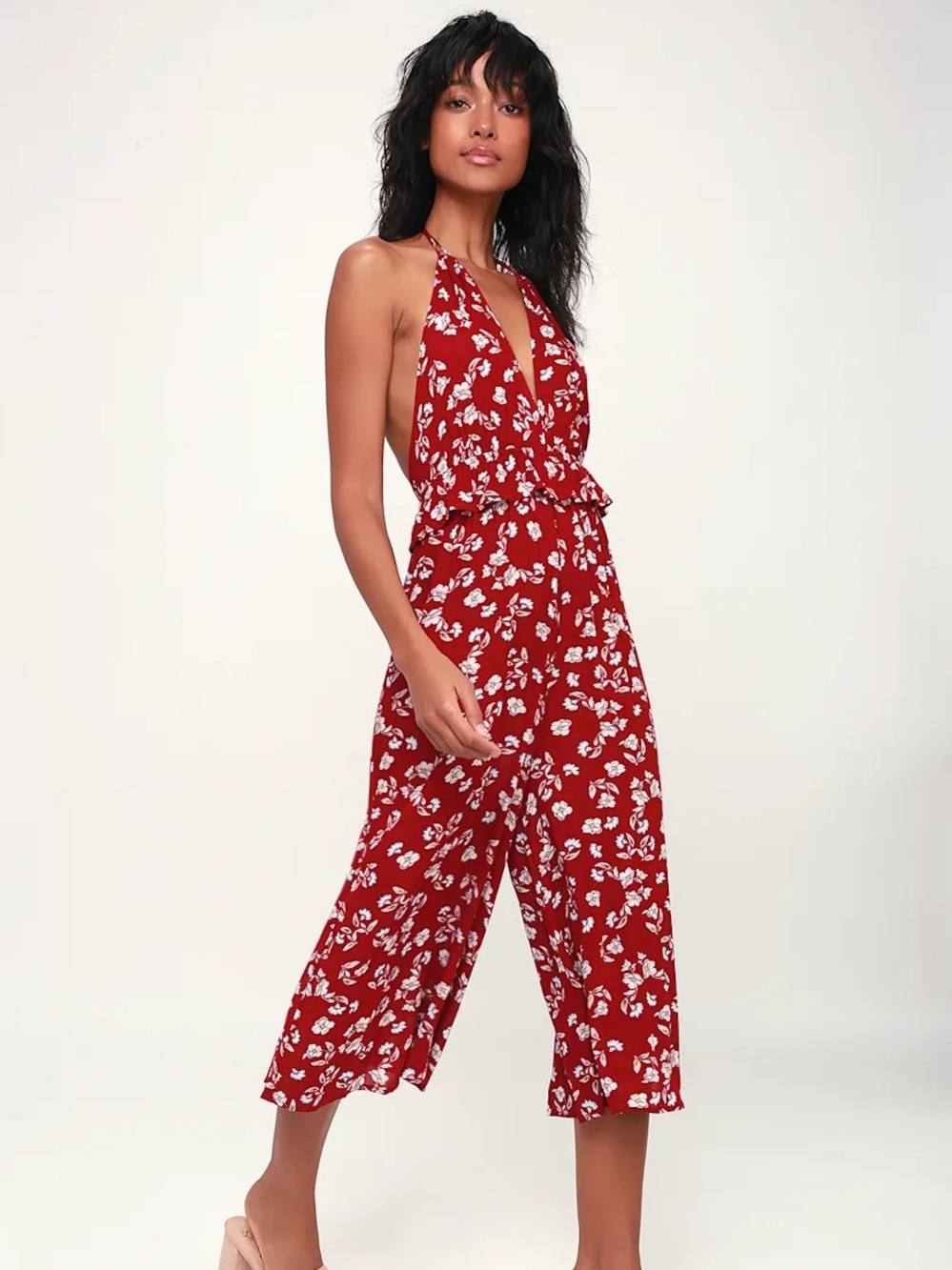 Moon River Red Floral Halter Crop Jumpsuit